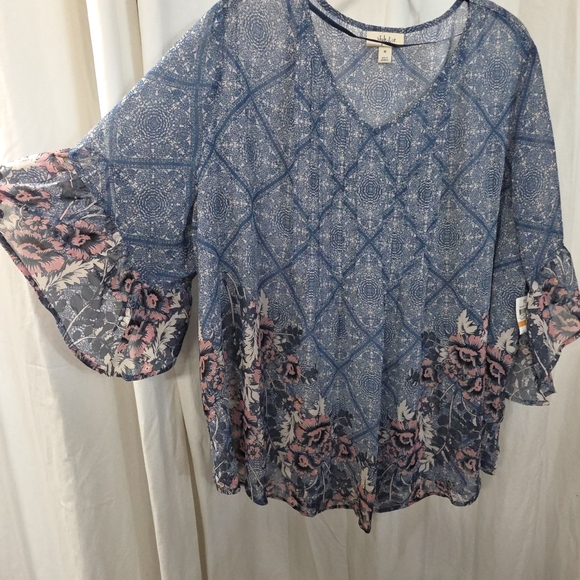 0x 1x 2x 3x Style Co Georgette Pintuck Pink Blue Bell Sleeve Boho Babydoll Top - Picture 7 of 9
